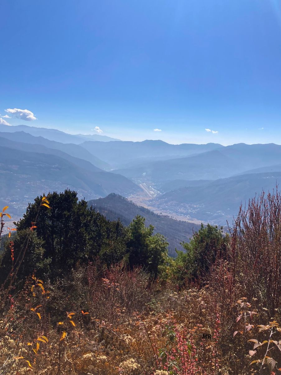 the Paro Valley stretches below in rich autumn tones and quiet harmony.